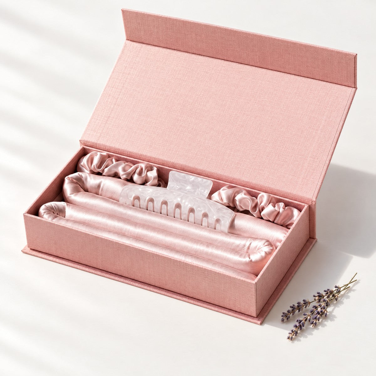 Heatless silk curler set in a pink gift box with scrunchies and claw clip