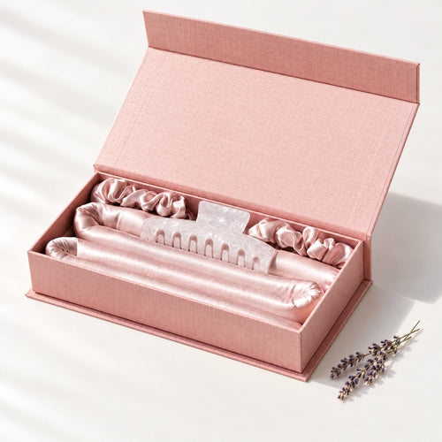 Heatless silk curler set in a pink gift box with scrunchies and claw clip