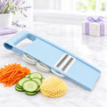 Blue 5-in-1 vegetable slicer with sliced cucumber, carrot and waffle potato
